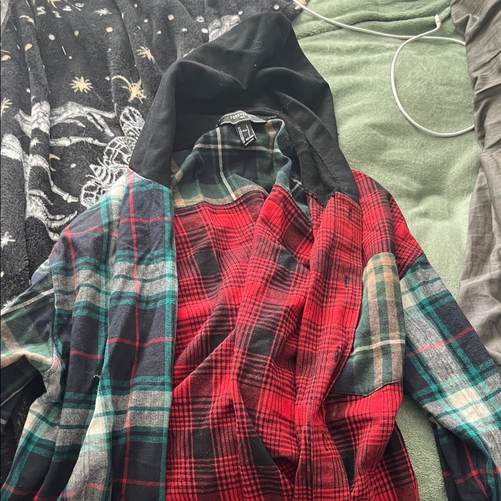 Forever 21 Red and Black Plaid Hooded Jacket